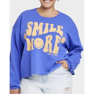 Smiley World Sweatshirt Women's Plus 1X Blue Cropped Pullover Long Sleeve 70s
